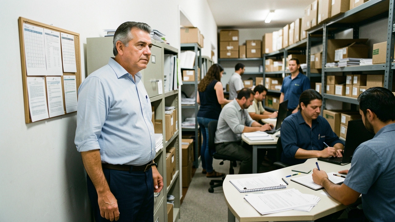 Dono de distribuidora observa a operação em corredor de escritório, pensativo.