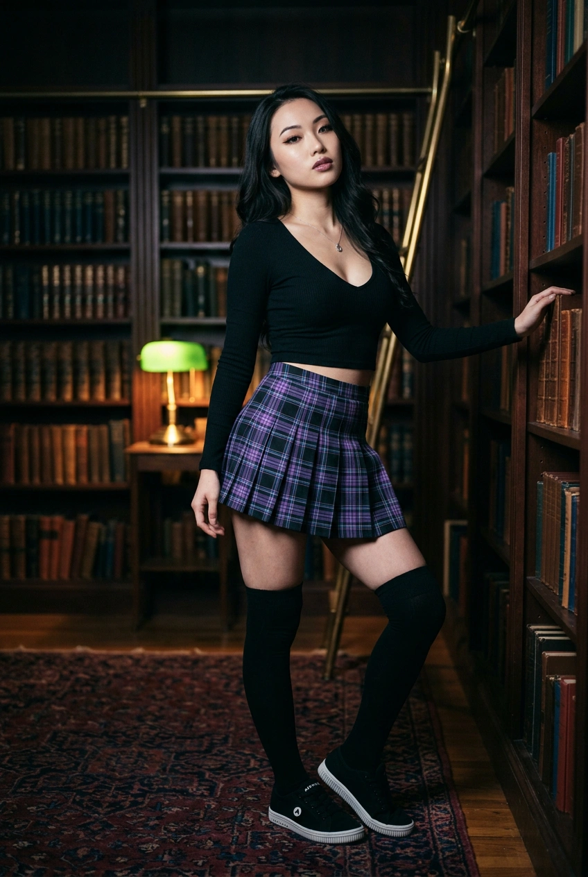 High level description

    •A full-length fashion photograph of a young Taiwanese model in a black ribbed crop top, tartan mini skirt, thigh-high socks, and Airwalk sneakers, standing in a dimly lit 