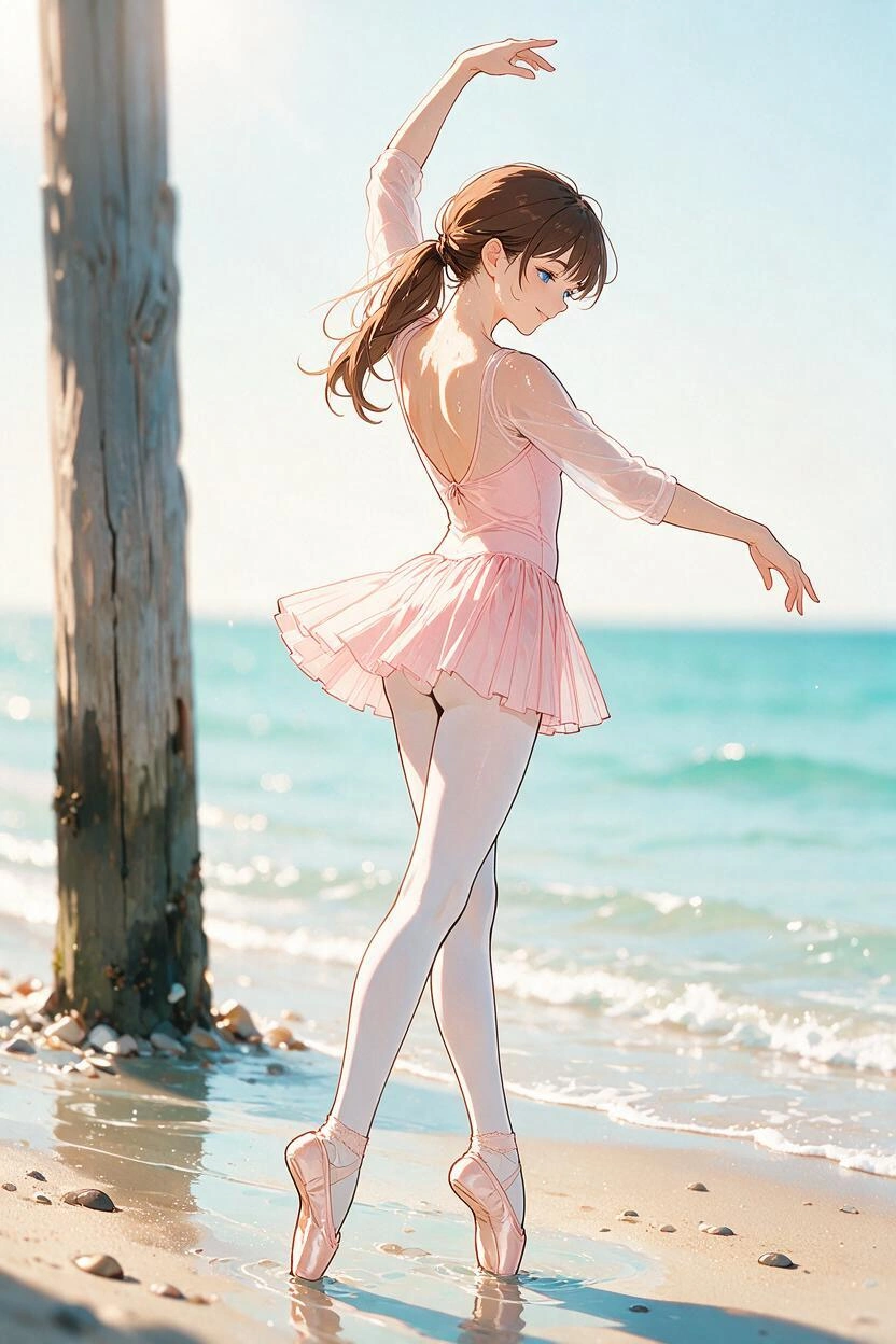 A full length modern anime style, bold clean outlines, cel shading, detailed image of a young, beautiful brunette ballerina with porcelain skin, blue eyes, delicate features, and long chestnut hair st