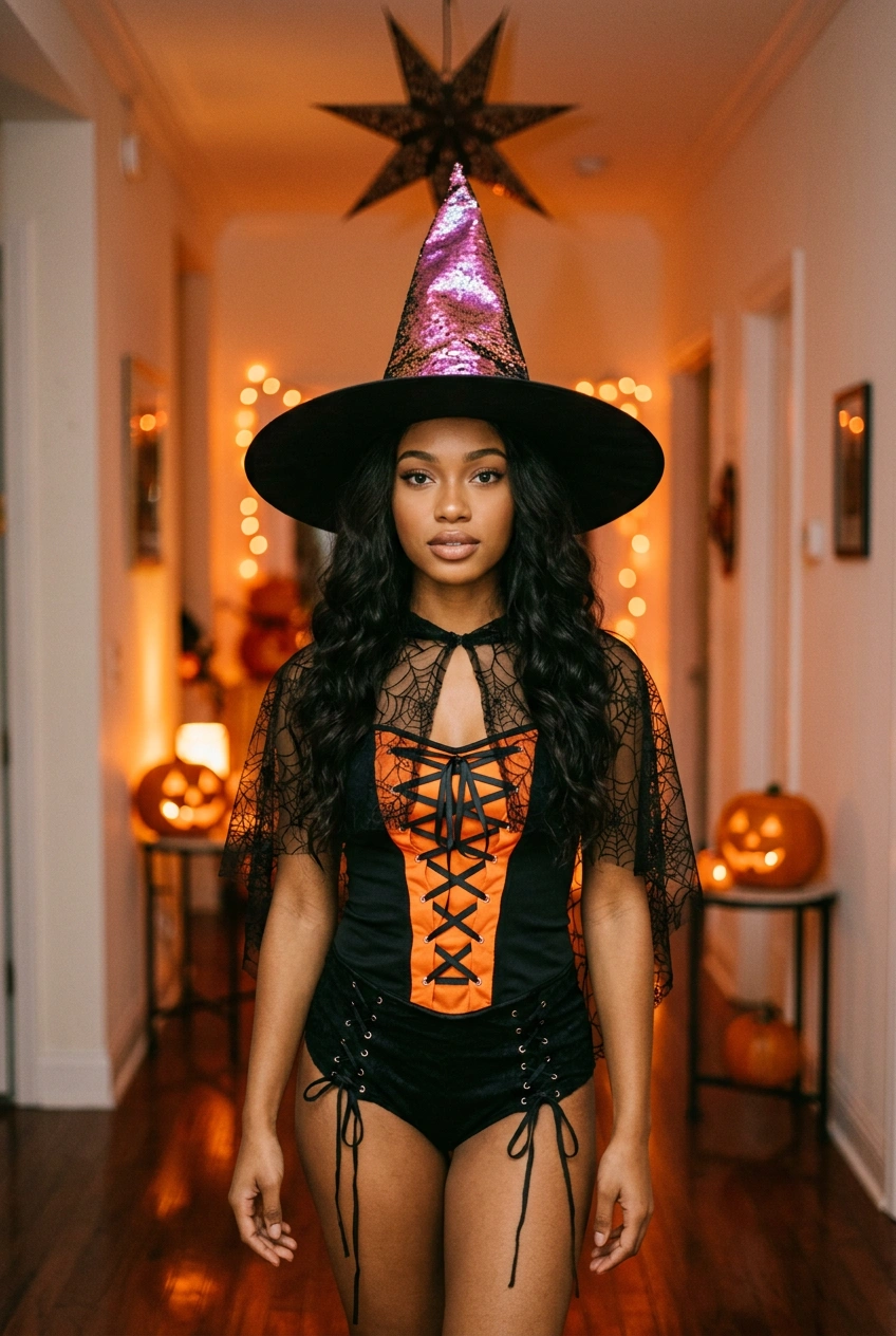 High level description

    •A full-body photograph of a beautiful busty young Black woman with caramel skin, delicate features, and long dark wavy hair, dressed as a witch in a black and orange corse