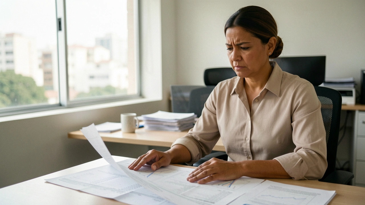 Gestora financeira analisa relatórios complexos em escritório de PME.