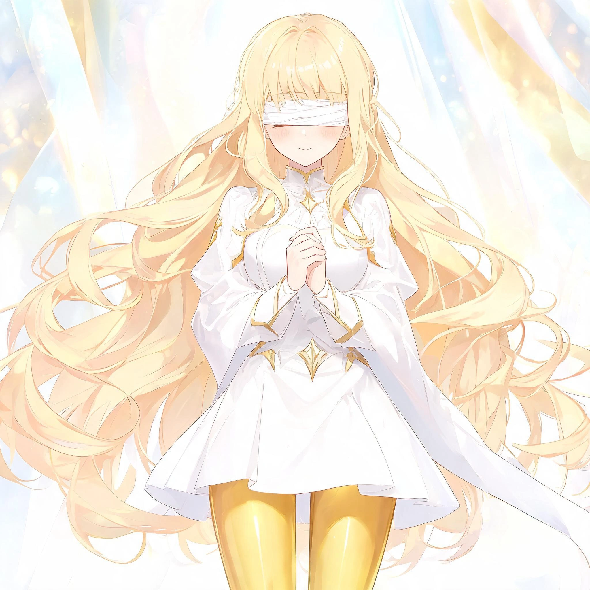 An image of a stylish fantasy character, 2D anime, very fashionable. A young woman cleric with beautiful blond hair and two long bangs over the white pure cloth she wears over her eyes. She wears a sh