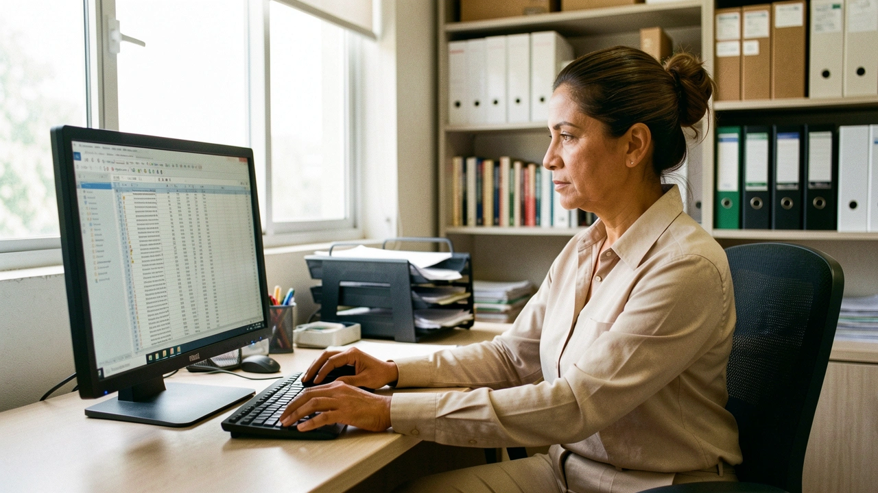 Gestora financeira analisa planilha em computador em escritório de PME.