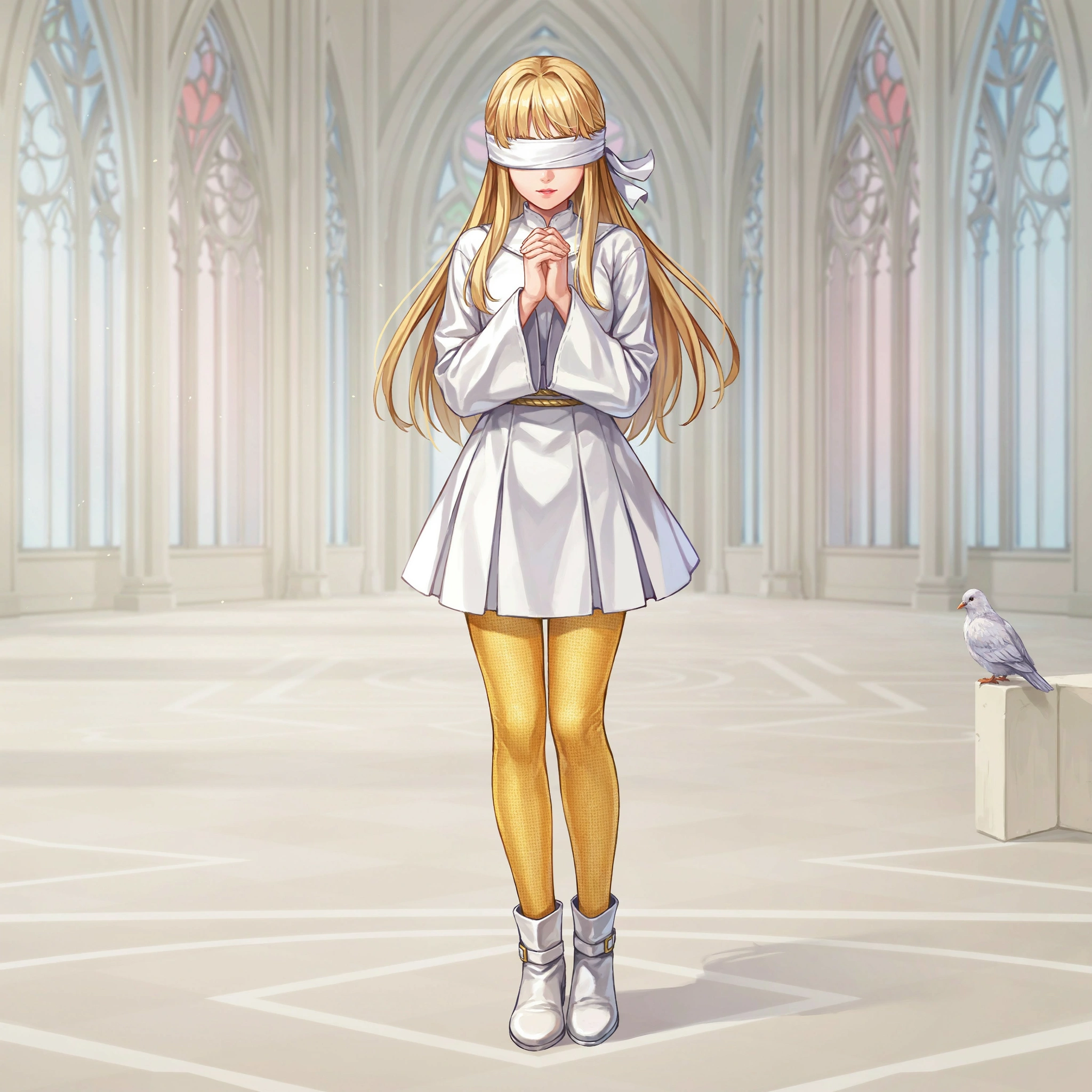 An image of a stylish fantasy character, 2D anime, very fashionable. A young woman cleric with beautiful blond hair and two long bangs over the white pure cloth she wears over her eyes. She wears a sh