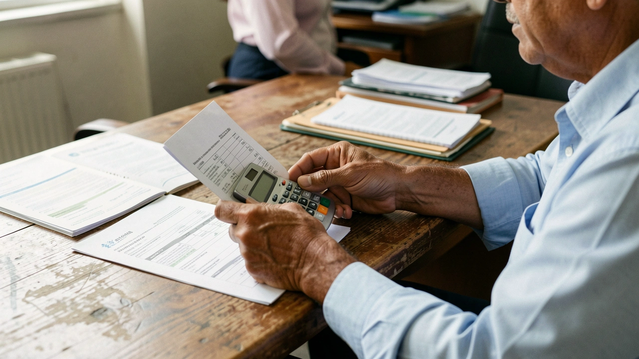 Mãos de empresário analisam documentos e calculadora sobre mesa de escritório.