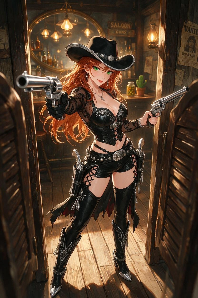 A full length modern anime style, bold clean outlines, cel shading, detailed image of a stunning young woman with flowing copper hair wearing an alluring black cowgirl costume in a dramatic western se