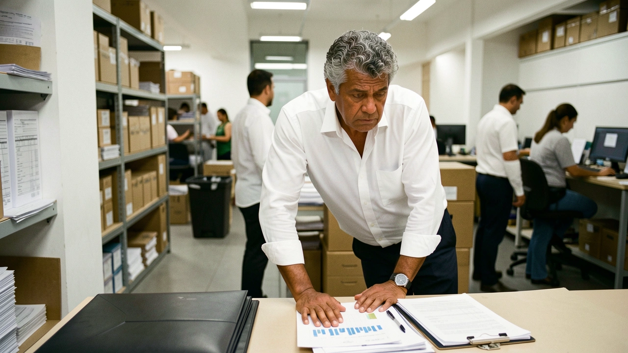 Dono de PME analisa documentos e gráficos em sua mesa, demonstrando preocupação.