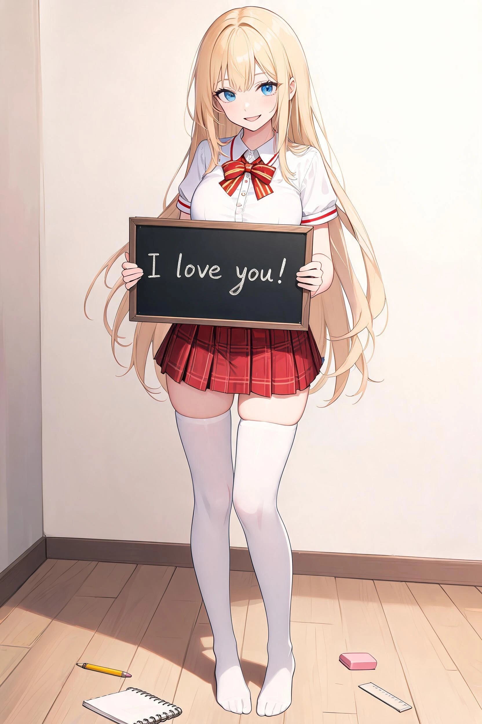 A full length modern anime style, bold clean outlines, cel shading, detailed image of a young, beautiful blonde woman with porcelain skin, blue eyes, delicate features, and long blonde hair parted in 