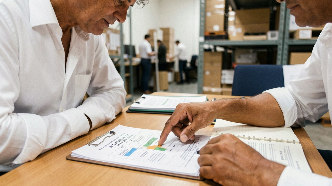 Mãos de dono de PME apontam para um gráfico de fluxo operacional em uma mesa.