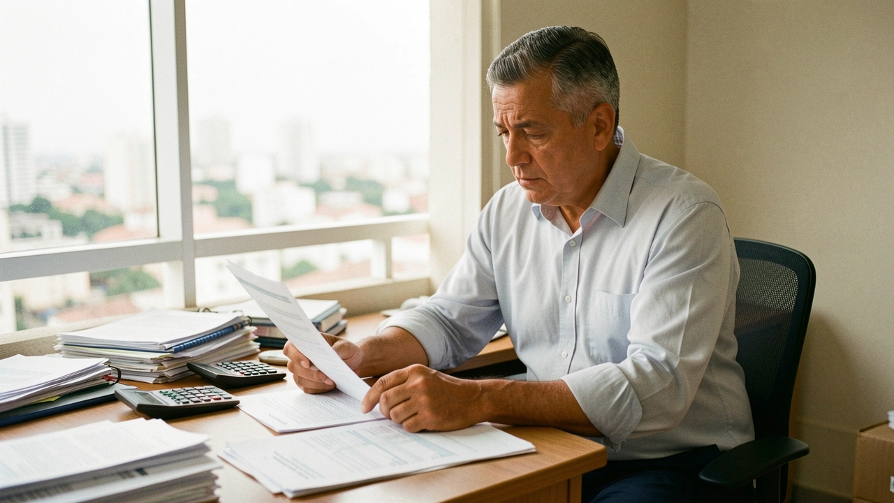 Empresário analisando relatórios financeiros e notas fiscais em sua mesa de trabalho.
