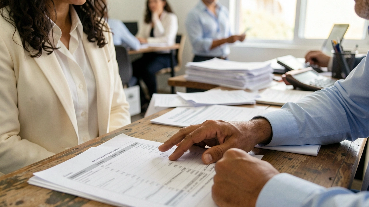 Mãos de empresário apontando para planilha financeira em mesa de escritório.
