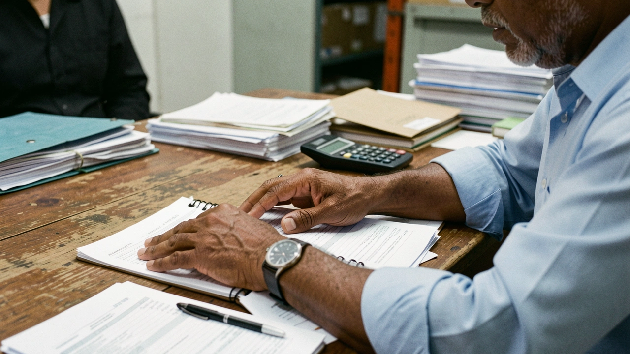 Mãos de empresário sobre documentos financeiros, calculando riscos.