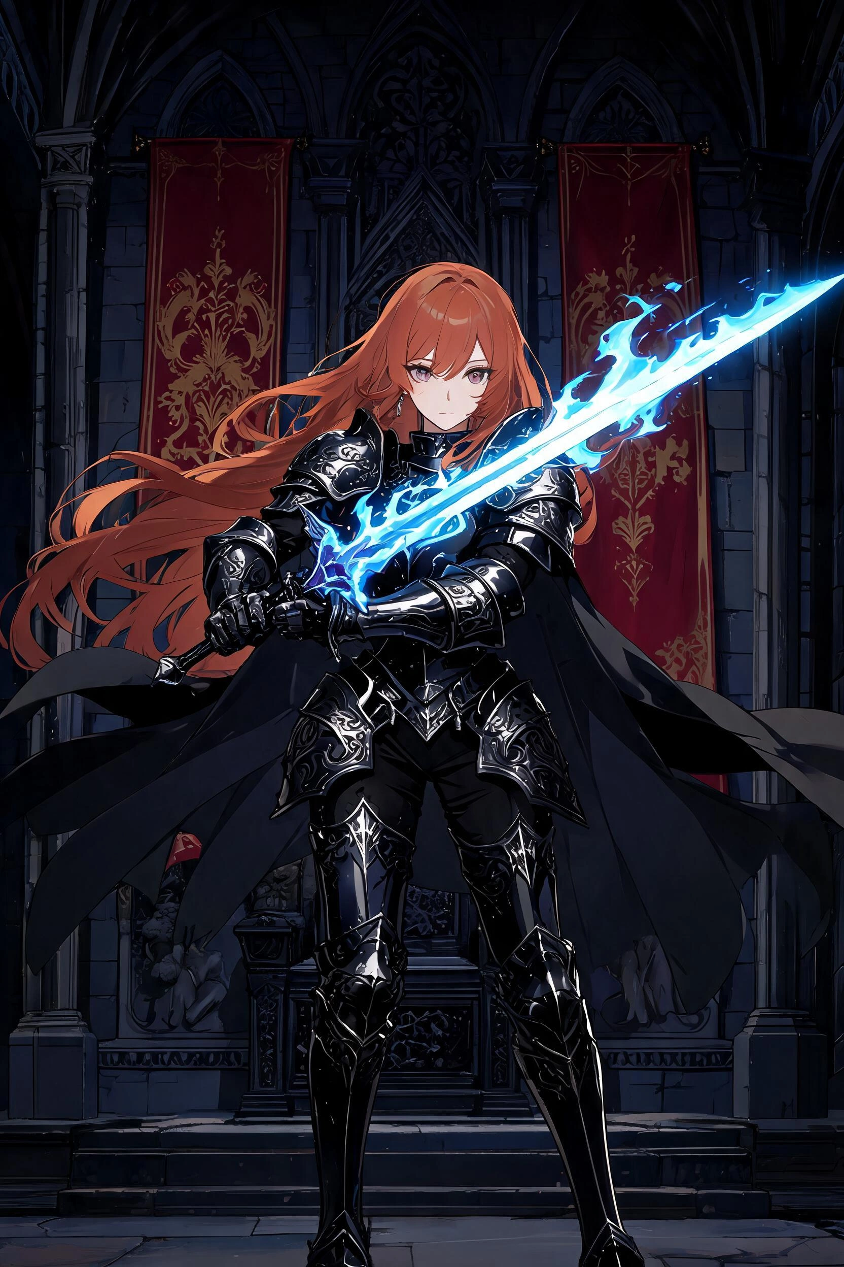 A full length modern anime style, bold clean outlines, cel shading, detailed image of a beautiful female knight in a dark, gothic castle. She has long, flowing auburn hair and is wearing elegant, intr