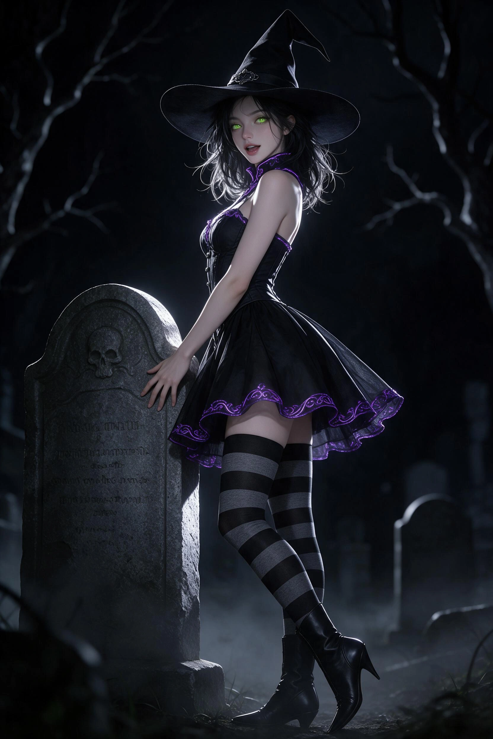 A full-body 3/4 angle digital portrait in a high-fashion modern anime style, featuring a thin, fit young woman. She leans provocatively against a weathered gravestone, her body angled in a sleek 3/4 p