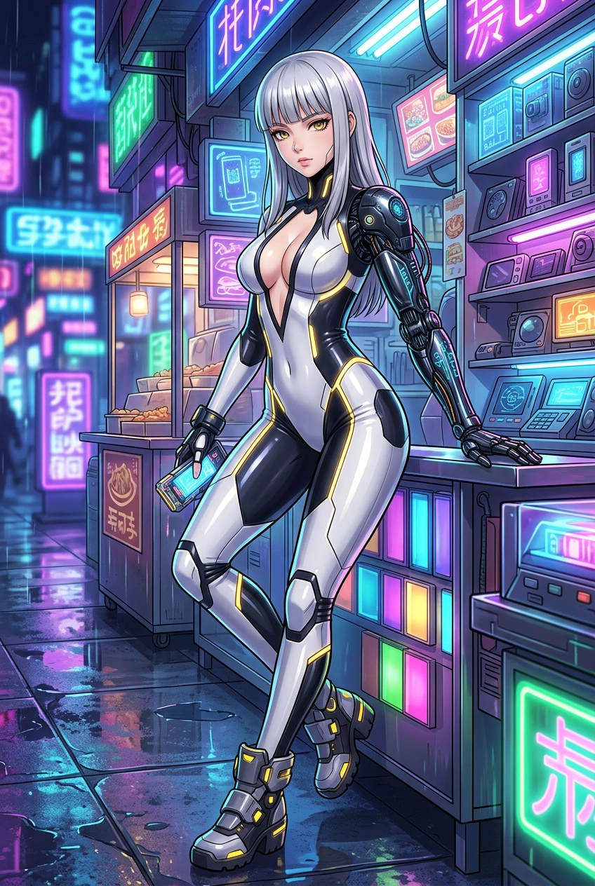 A full body striking anime style detailed illustration of a beautiful young silver haired woman with golden eyes, porcelain skin, delicate features and her hair styled in a straight shoulder length bo