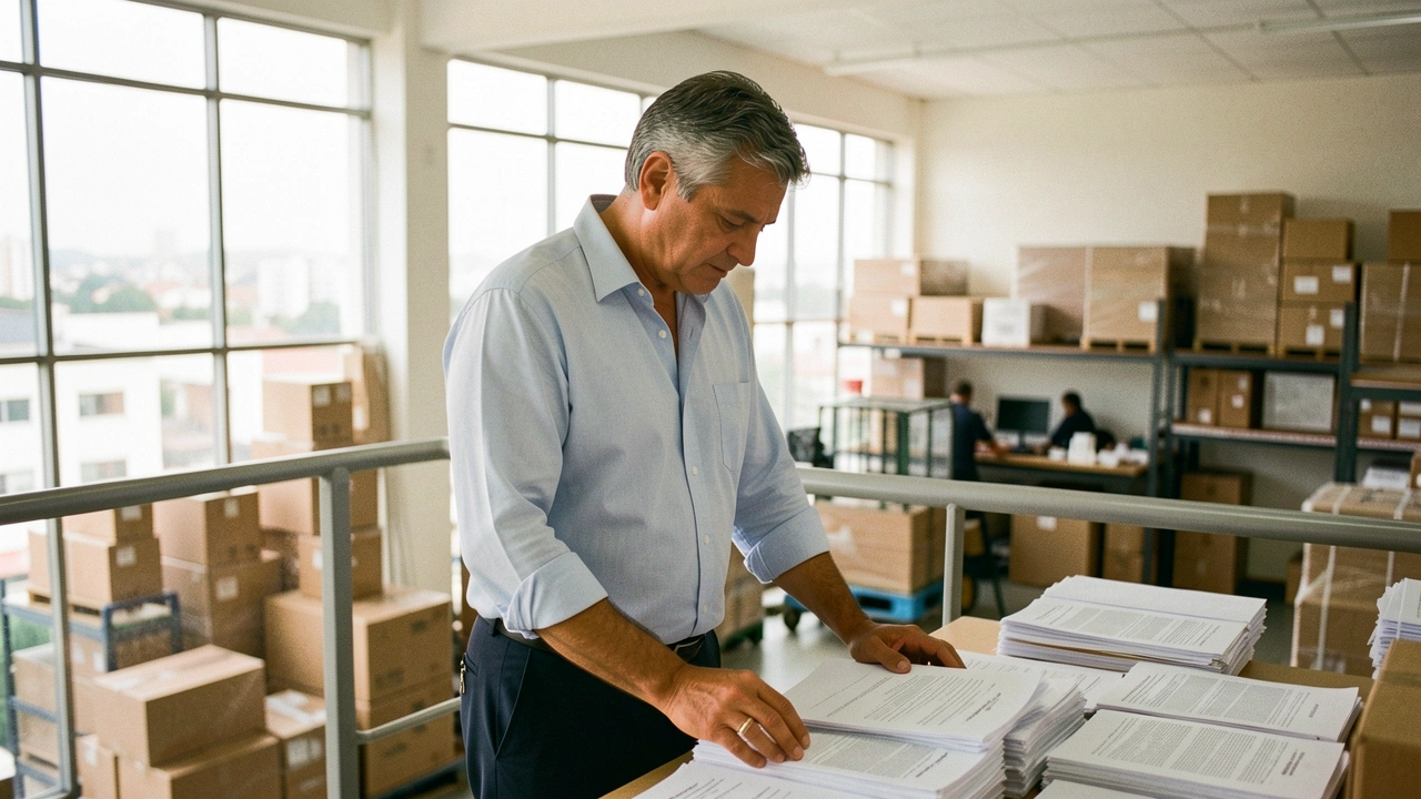 Empresário brasileiro de meia-idade em seu escritório, visivelmente sobrecarregado por documentos e responsabilidades.
