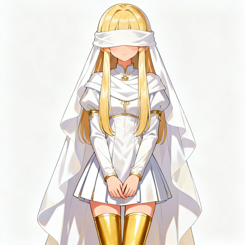 An image of a stylish fantasy character, 2D anime, very fashionable. A young woman cleric with beautiful blond hair and two long bangs over the white pure cloth she wears over her eyes. She wears a sh