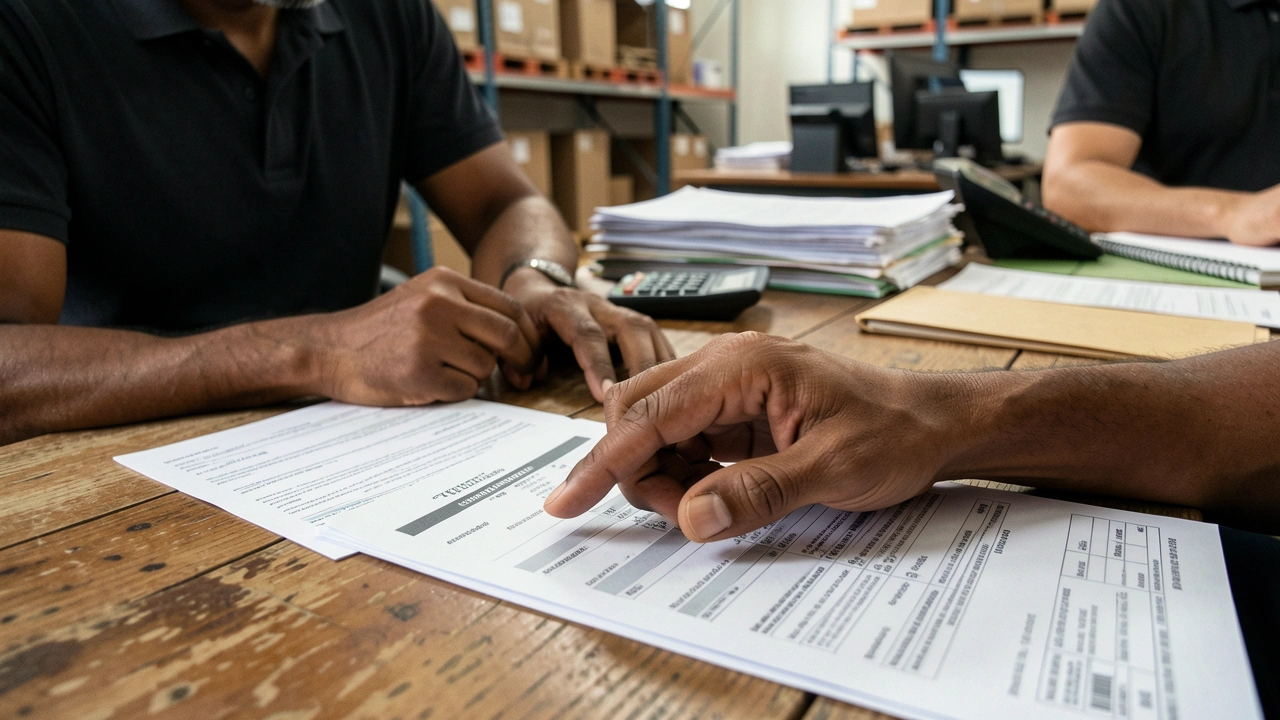 Mãos de empresário apontam para números em relatório financeiro.