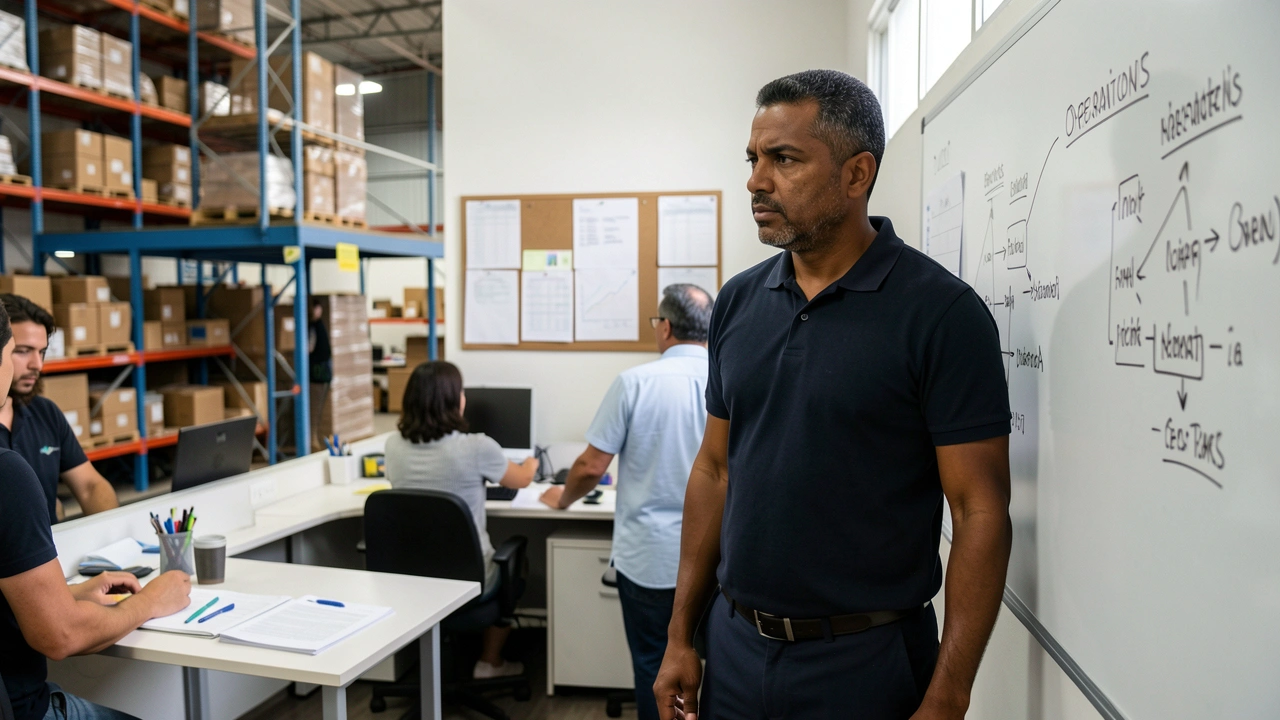 Gestor de operações analisa quadro branco com planejamento estratégico em escritório de distribuidora.