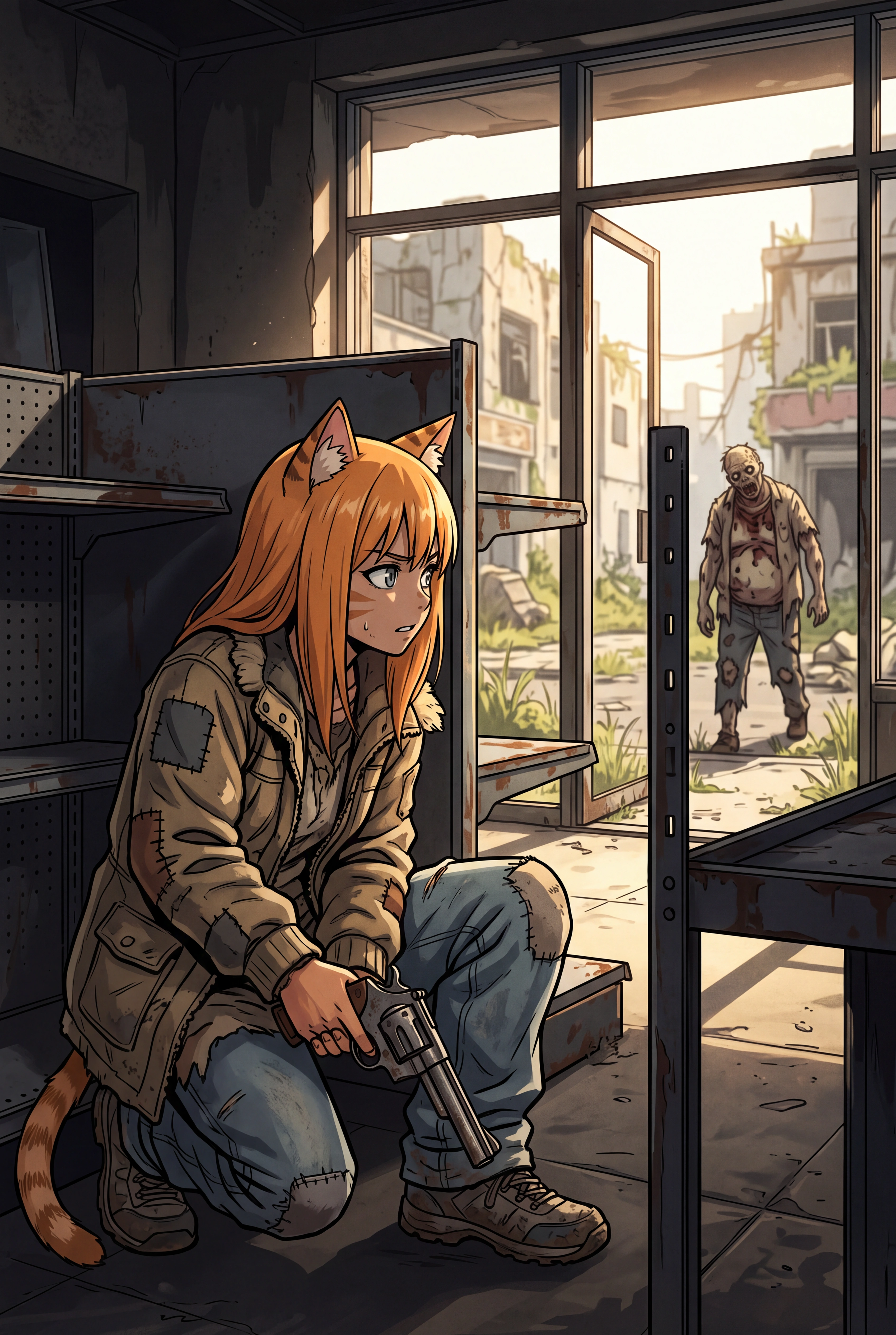 Modern anime style. Bold thick line work, high contrast, sharp cinematic lighting. Post apocalyptic weathered deteriorating aesthetic. In the foreground is an anime cat girl with straight shoulder len