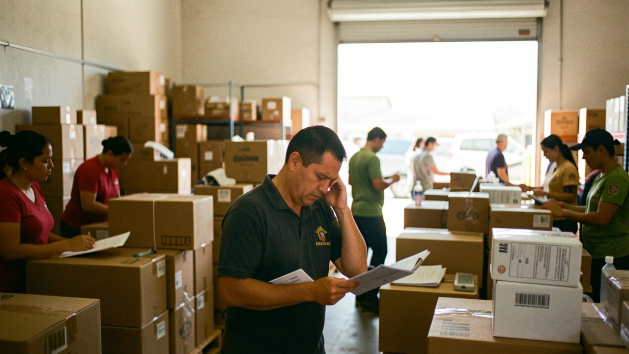 Área de expedição movimentada e desorganizada em um centro de distribuição brasileiro.