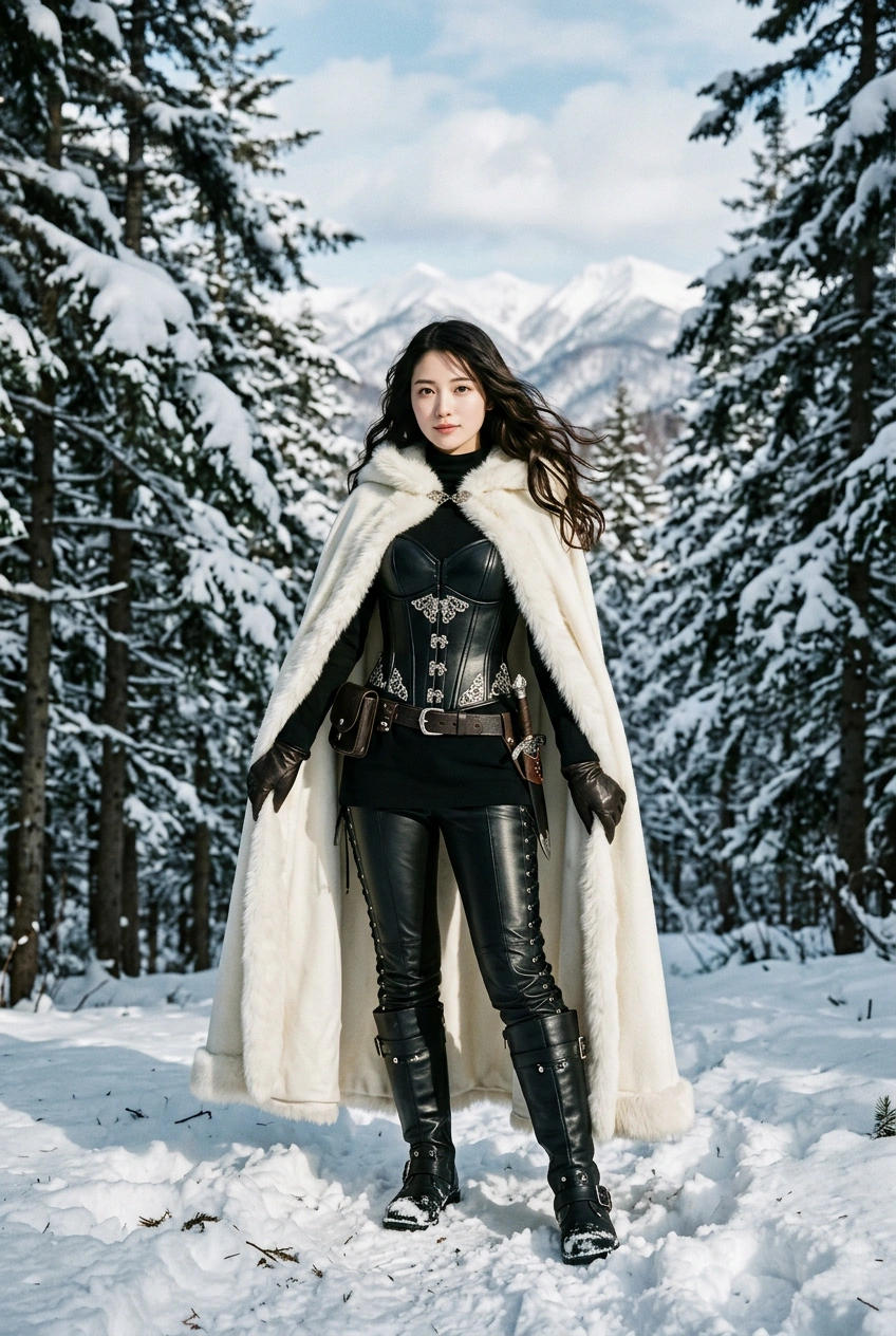 A fashion photo of a beautiful young japanese jpop idol with porcelain skin, delicate features, and long dark hair styled in heroic waves wearing a sexy medieval fantasy outfit in a beautiful fantasy 