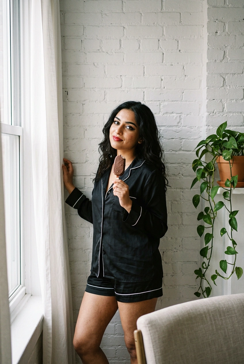 High level description

    •A casual iPhone snapshot of a young Indian woman in black satin pajamas holding a chocolate-covered ice cream bar, standing beside a white brick wall and tall window in a 