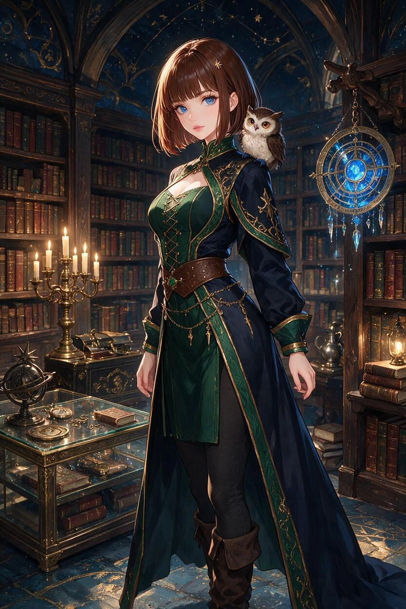 A full length striking detailed anime style image of a beautiful young brunette woman with porcelain skin, delicate features, blue eyes, and her chestnut hair styled in a shoulder length bob with bang