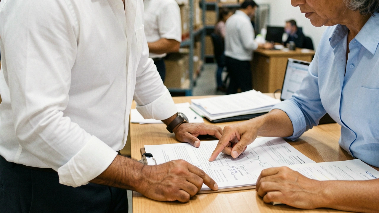 Mãos de gestora apontam para detalhes em documento operacional impresso.