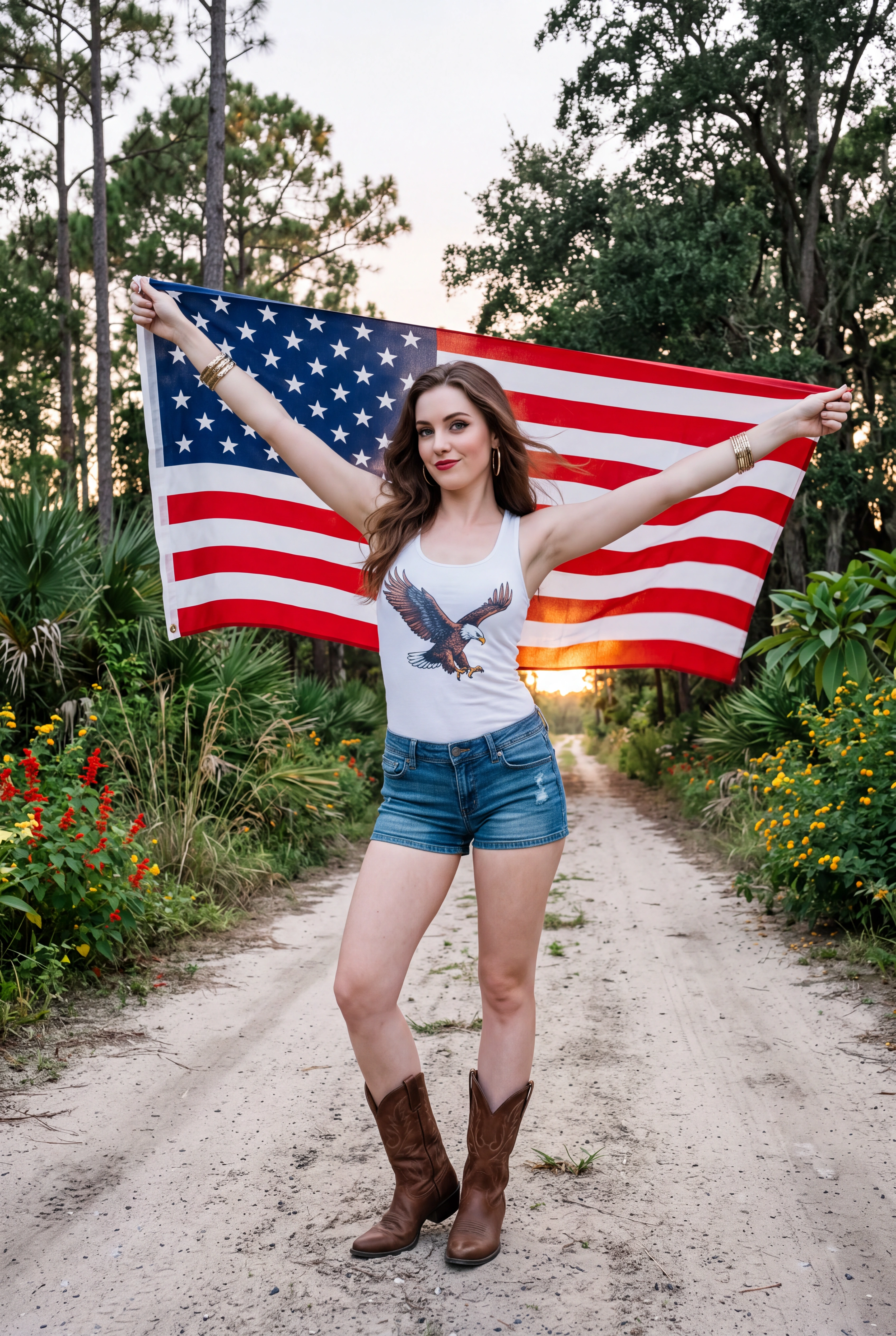 High level description

    •A casual iPhone snapshot of a young brunette woman in a white eagle-print tank top and denim shorts standing on a Florida dirt road at sunset, arms outstretched holding a 