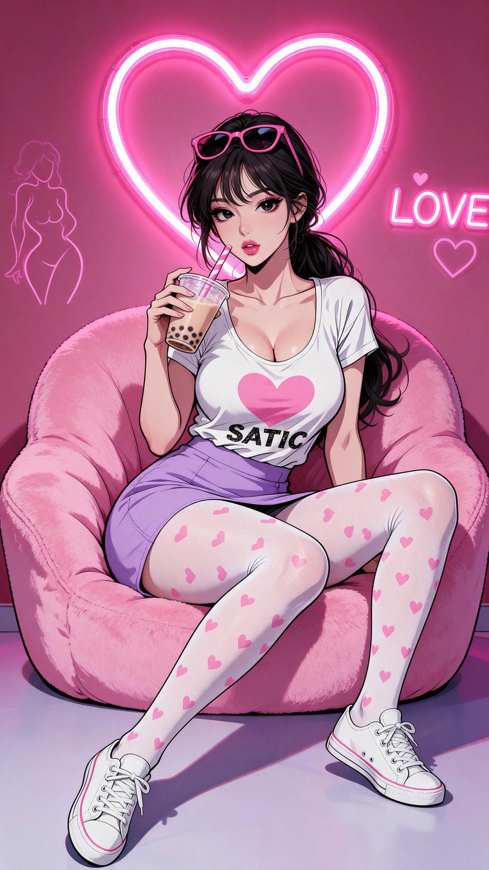 A full length modern anime style, bold clean outlines, cel shading, detailed image of a young, beautiful busty Korean woman with porcelain skin, delicate features, dark intense eyes, and long lustrous