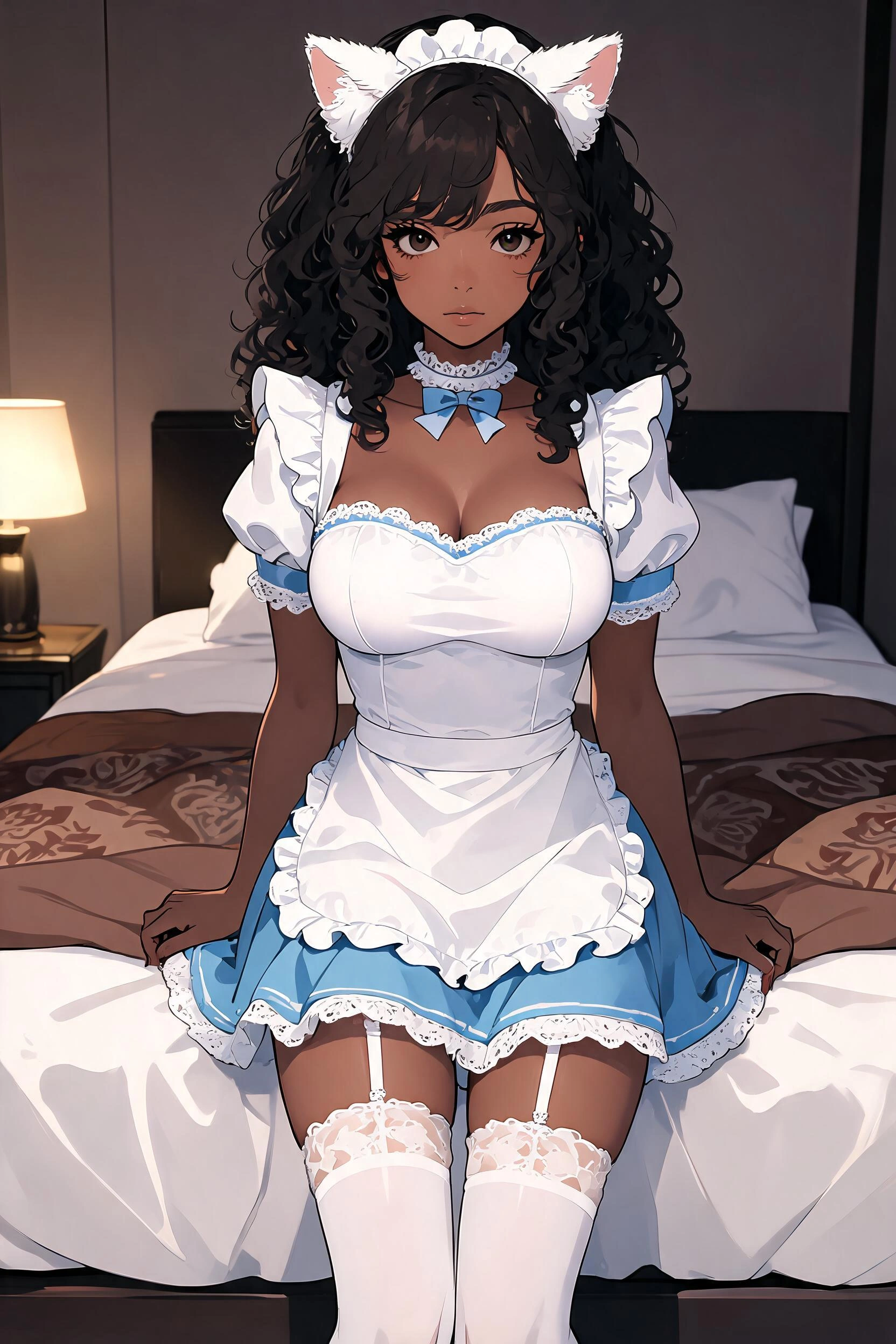 High level description •A full length modern anime style, bold clean outlines, cel shading, detailed image of a beautiful busty young Black woman with light skin, delicate features, and voluminous cur