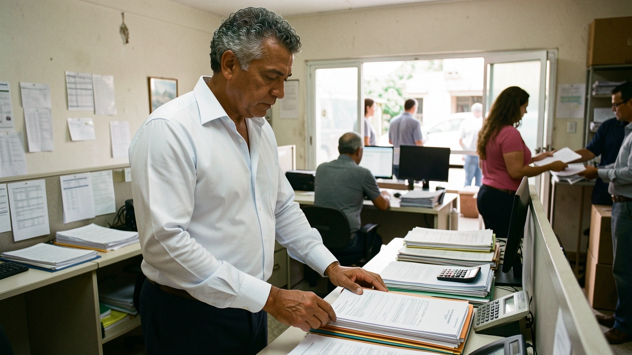 Empresário analisa documentos financeiros em escritório de PME.