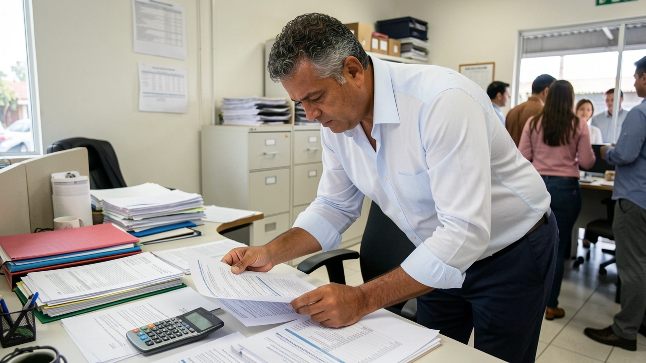 Empresário debruçado sobre relatórios financeiros em sua mesa.