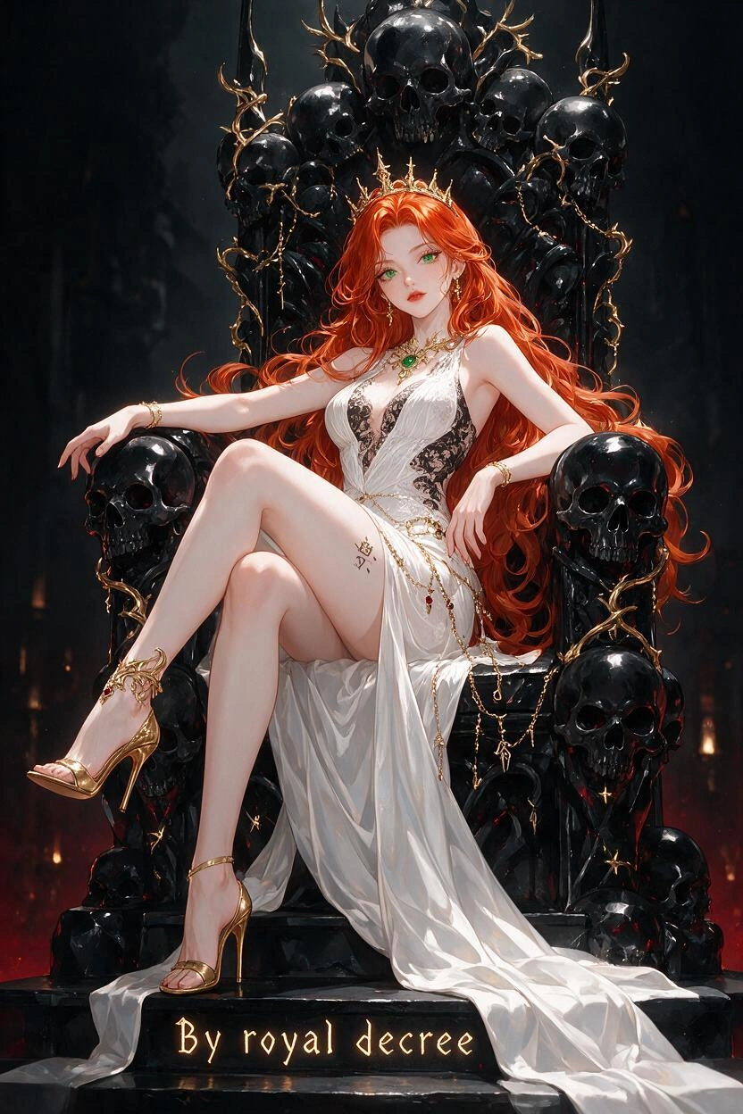 A full body striking anime style detailed illustration of a beautiful young redhead queen with porcelain skin, green eyes, delicate features, and long fiery red hair styled in royal waves adorned with