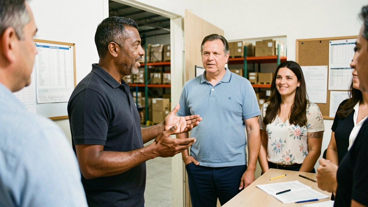 Gestor de operações conversa com membro da equipe em corredor de empresa.