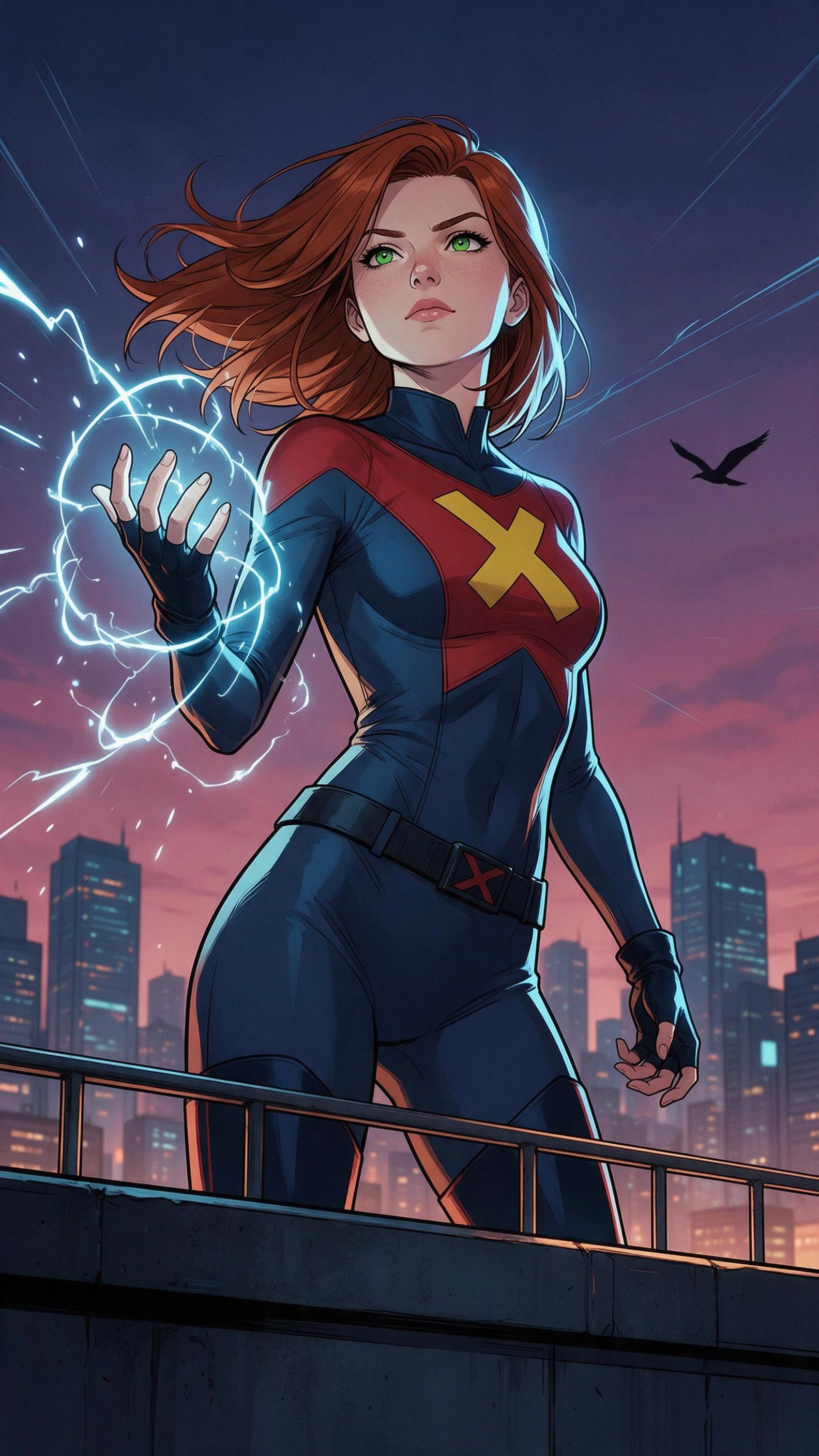 High level description
    • •A modern anime-style illustration of a young X-Men member standing on a windswept rooftop at dusk, raising one hand with kinetic energy crackling between her fingers, set