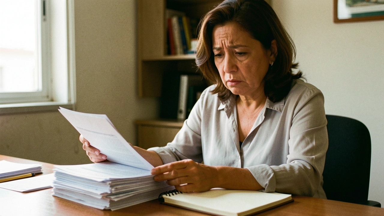 Gerente financeira analisando documentos em um escritório brasileiro.