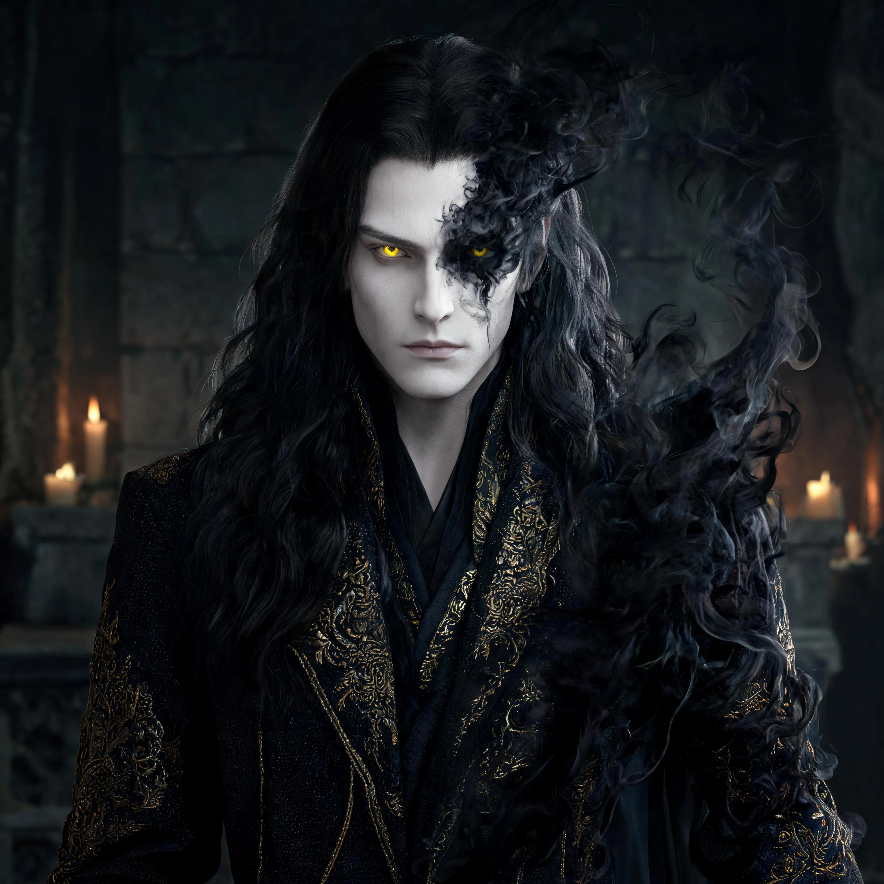 photorealistic, RAW photo, a stern cold-faced man with flawless ivory white skin and long wavy black hair cascading over his shoulders, clean-shaven with no facial hair, piercing glowing yellow eyes s
