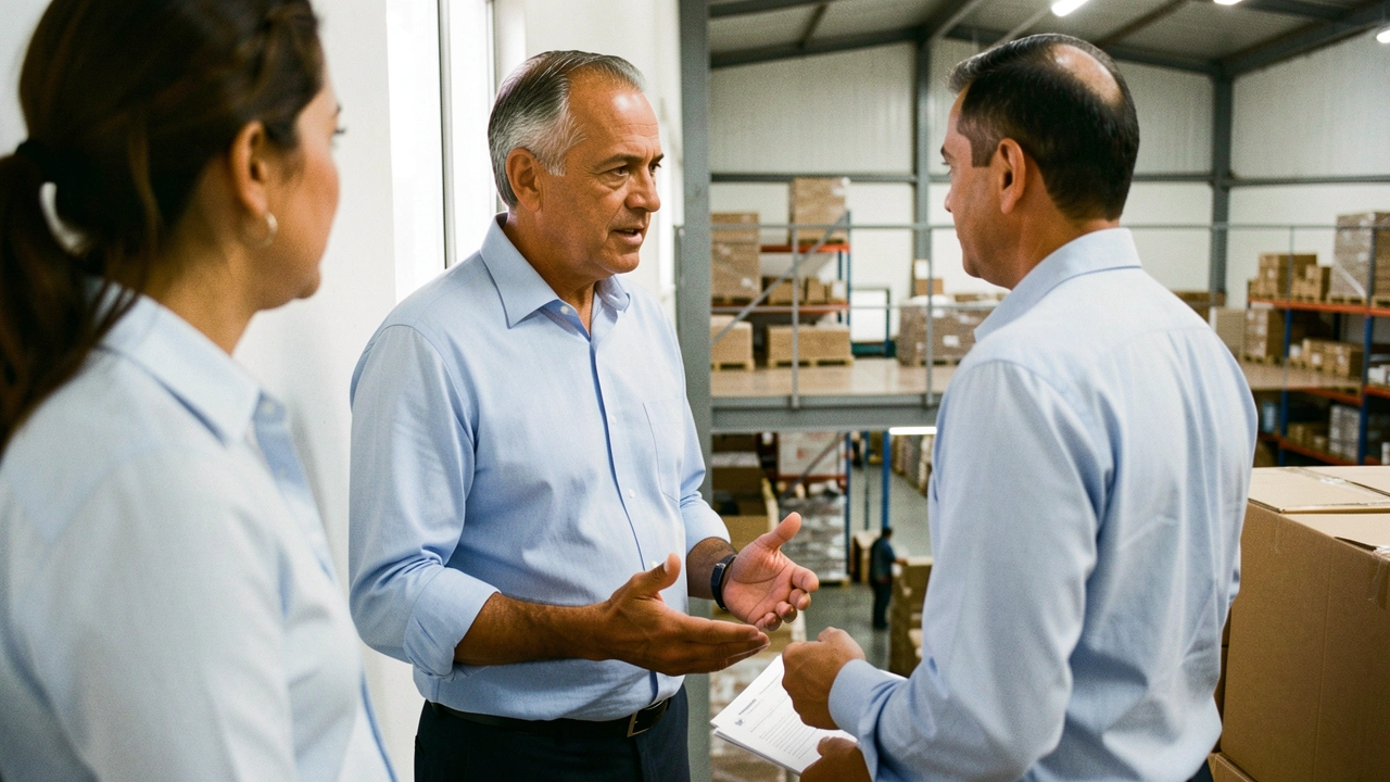 Empresário conversa com membro da equipe em corredor da empresa.