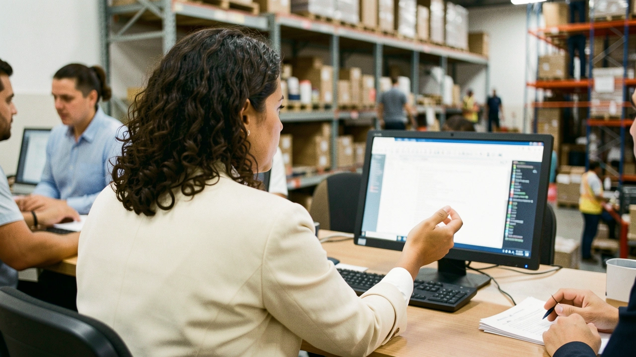 Gestor de PME em frente ao computador, pensativo sobre a organização da equipe.