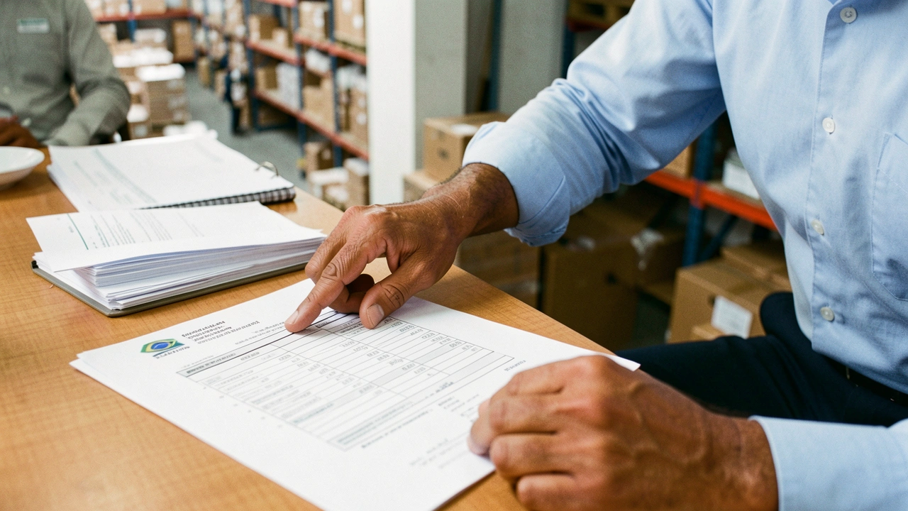 Mãos de empresário apontam para dados em relatório financeiro.