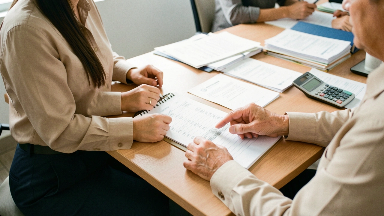 Mãos de empresário apontam para planilha de custos em mesa de escritório.