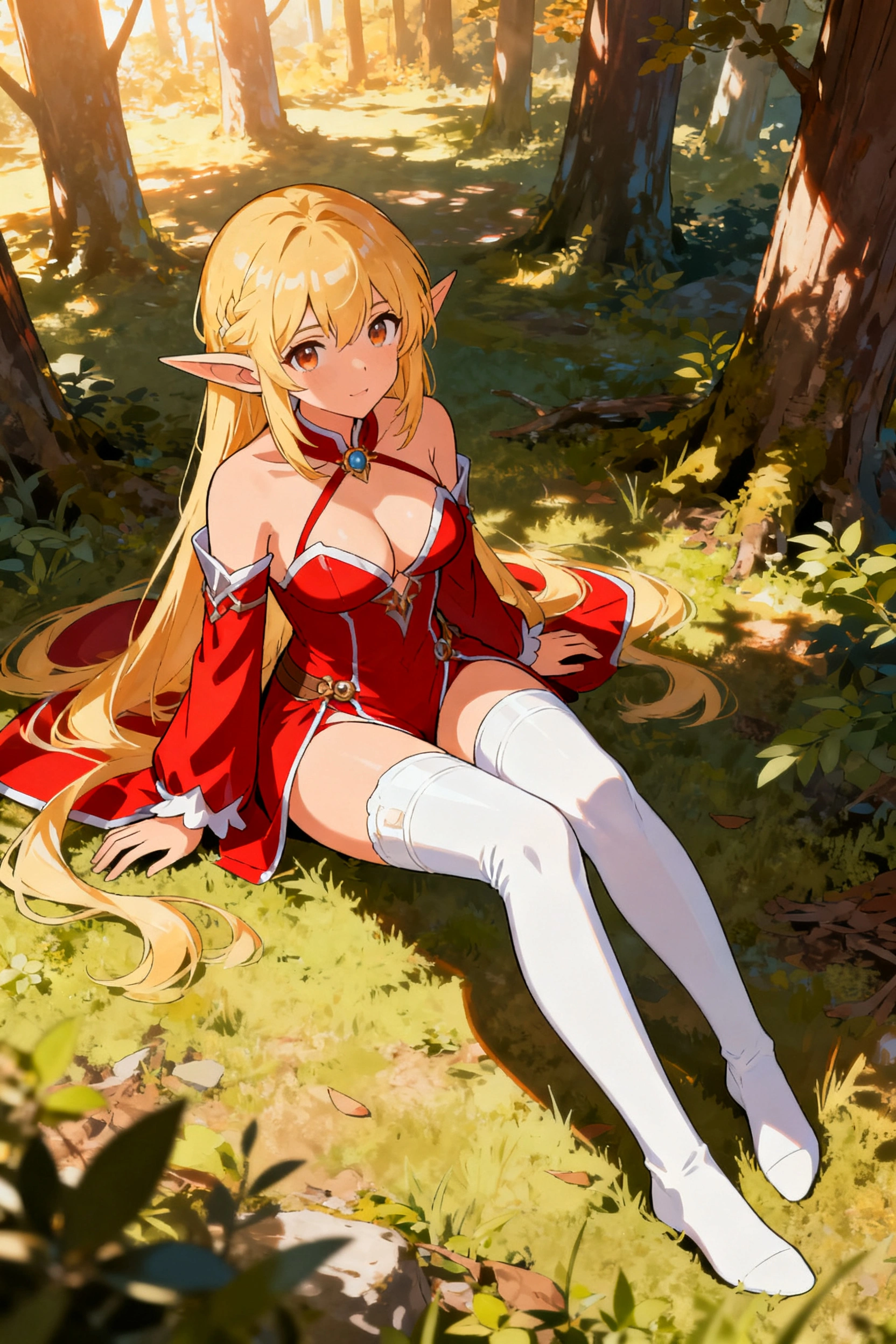 A full length modern anime style, bold clean outlines, cel shading, detailed image from above of a young, elegant, beautiful, busty blonde elf maiden dressed in a revealing and sexy red elf maiden out