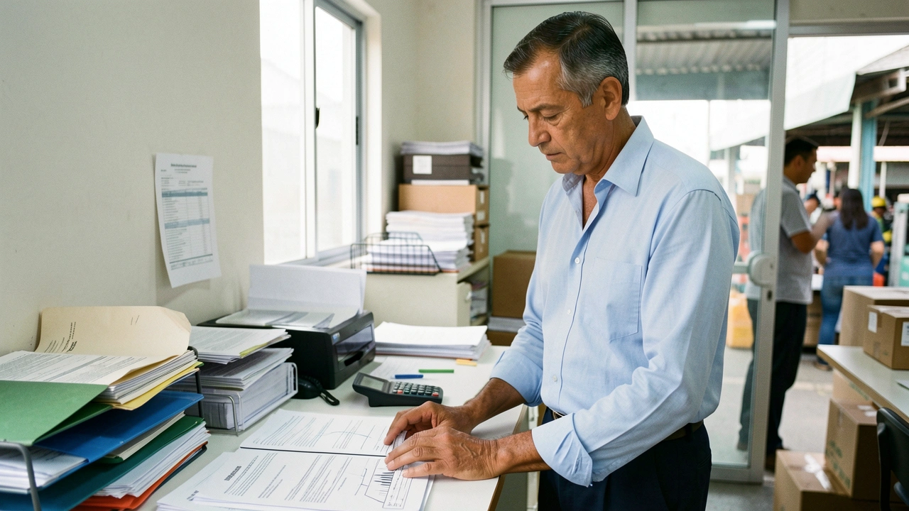 Empresário analisa régua de margem em escritório de PME.