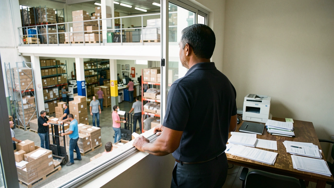 Empresário observa a operação da empresa em expansão de seu escritório.