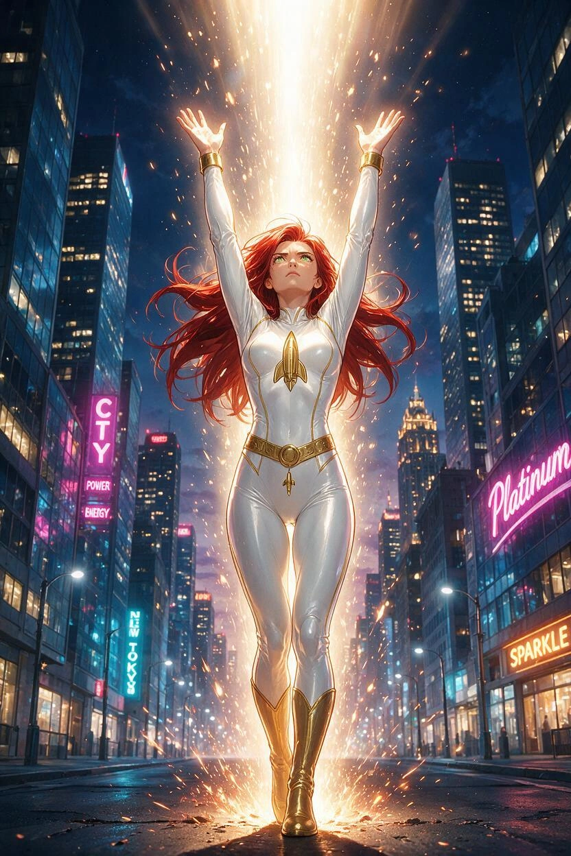A full body striking anime style detailed illustration of a hot redhead woman in a tight white superhero costume with gold accents. There is a stylized vintage rocket in gold on the costume. She is st