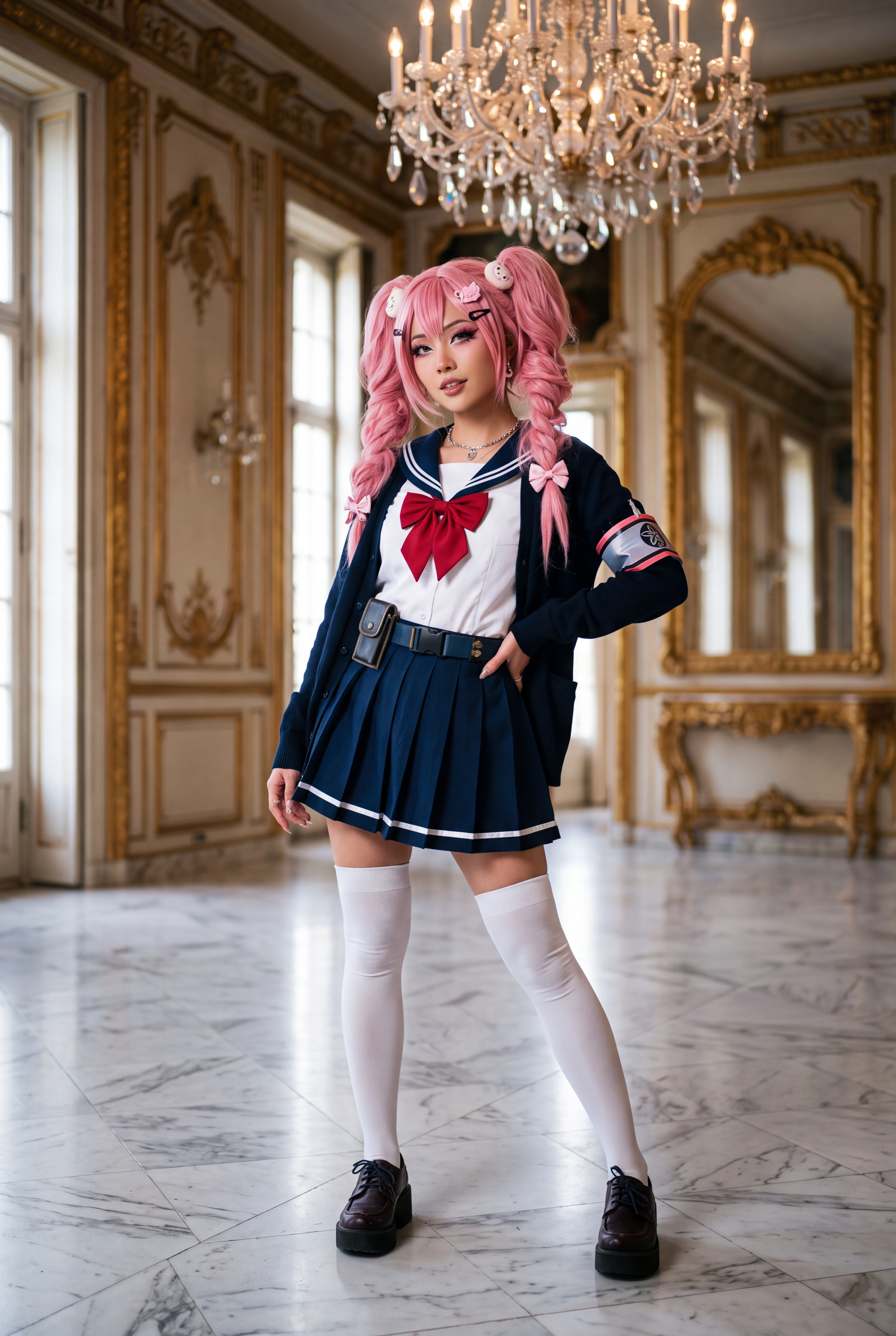 A high-fashion portrait photograph of a stunning young vietnamese woman with vibrant bubblegum pink hair styled in elaborate twin pigtails, embodying a confident anime cosplay character. She wears a m