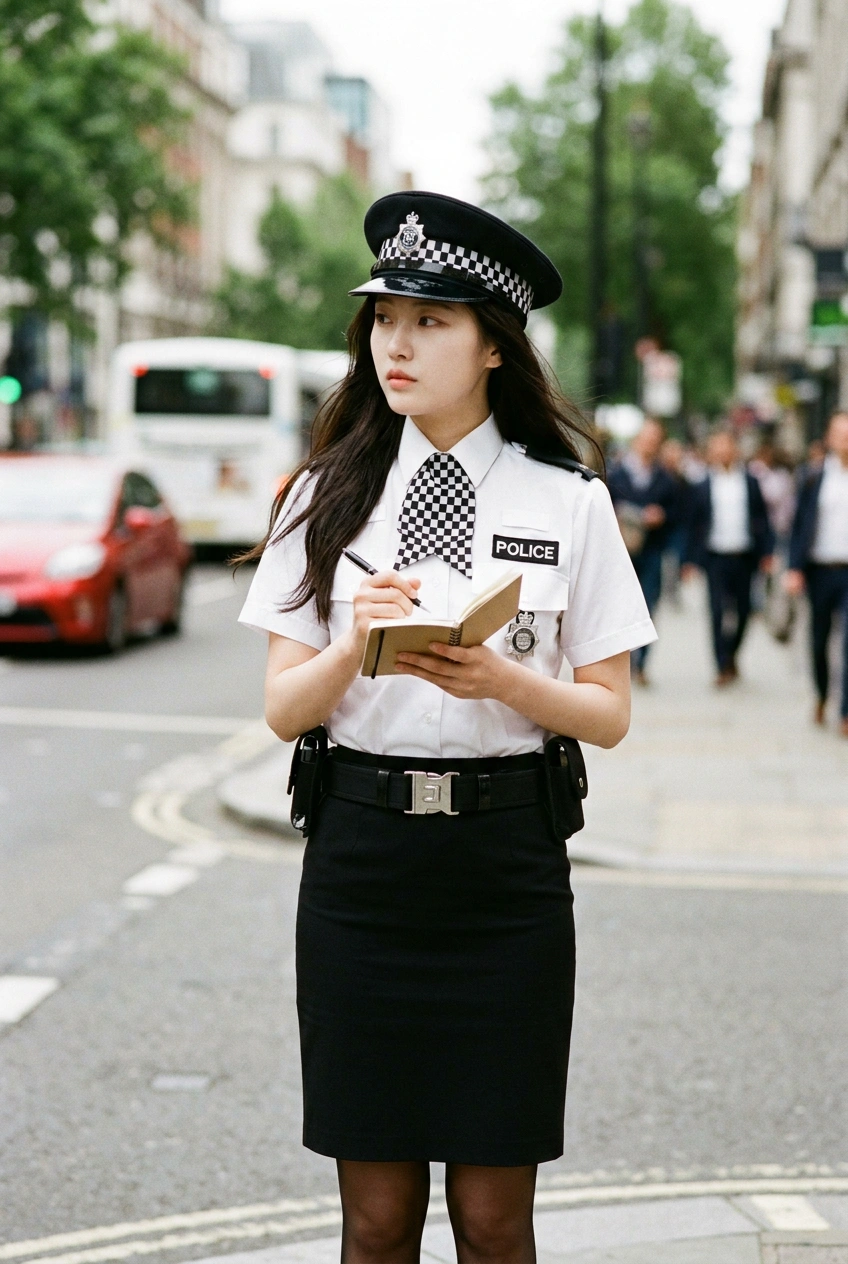 High level description

    •A full-length photo of a stunningly beautiful young Korean model with alabaster skin, dark eyes, and long dark hair, wearing a British police uniform including a peaked ca