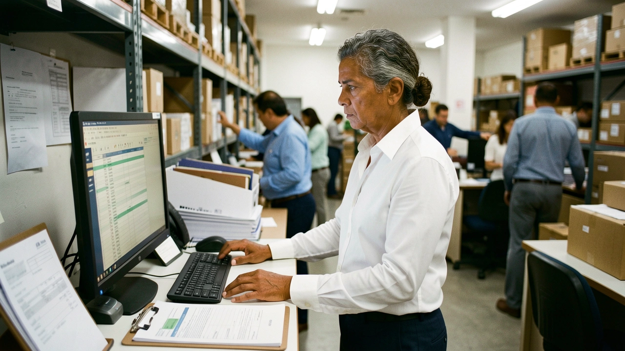 Gestora de Operações analisa planilha com expressão de preocupação em escritório de mezanino.